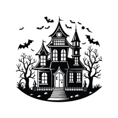 Haunted Halloween House Silhouette with Spooky Trees and Bats