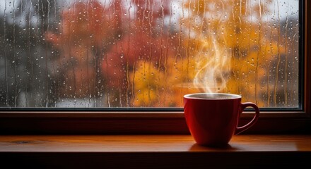 Cozy Autumn Rain and Hot Coffee, Fall, Window, Mug