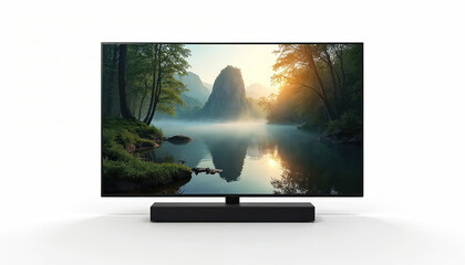Modern TV displays serene misty lake and forest landscape with mountain. Peaceful nature scene reflects on calm water surface. Sun shines through trees, creating tranquil ambient mood.