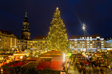 Panoramic view of the Striezelmarkt Christmas market in Dresden, Germany