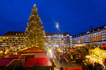 Panoramic view of the Striezelmarkt Christmas market in Dresden, Germany