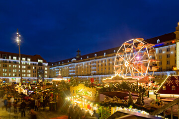 Panoramic view of the Striezelmarkt Christmas market in Dresden, Germany