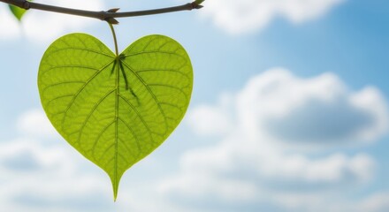 Heart-Shaped Leaf Against Blue Sky, Green, Nature, Clouds