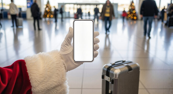Santa Claus at the airport showing a smartphone for travel advertising and holiday promotions