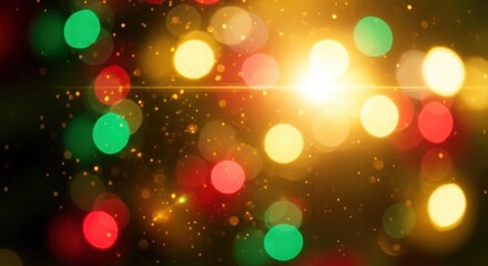 Golden Christmas Bokeh Background with Red and Green Lights, Festive, Celebration, Holiday
