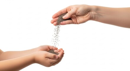 Hands sharing chia seeds, concept of health and nutrition, Child, Adult, Transfer
