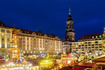 Panoramic view of the Striezelmarkt Christmas market in Dresden, Germany