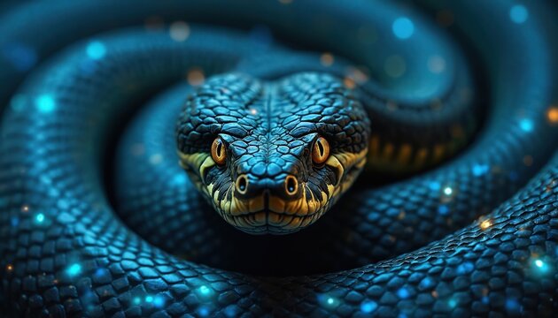 Futuristic blue snake with glowing digital lights on dark background. Close up of cyber reptile with sharp yellow eyes looking forward. Macro view of fantasy serpent with scaly skin pattern,