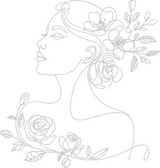 Elegant Line Art Woman with Flowers in Hair profile