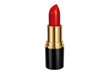 Red lipstick tube with gold details, essential cosmetic product for beauty and fashion styling, on transparent background