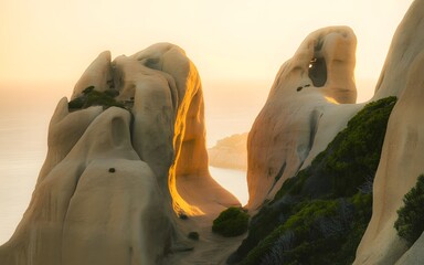 Golden Hour Light Illuminates Sculpted Rock Formations Overlooking the Sea ocean coast