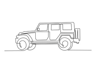 Continuous one line drawing of Adventure 4x4 offroad car. Offroad car single line art illustration. Editable vector.