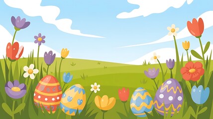 Colorful easter eggs in a field of flowers on a sunny day in springtime