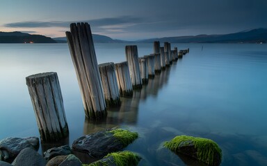 Old Wooden Pilings in Still Water During Twilight with Distant Hills posts pier