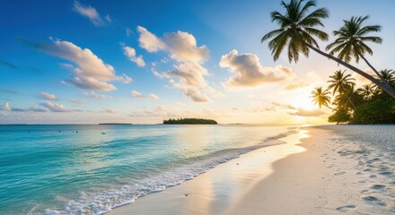 Serene Tropical Beach Sunset with Palm Trees and Turquoise Water, Ocean, Sea, Sand