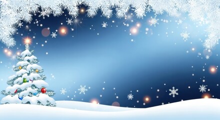 Snowy Christmas Tree with Ornaments in a Winter Wonderland with Falling Snowflakes and Bokeh Lights, Festive, Holiday, Season