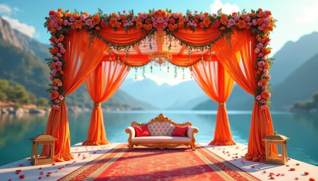 Luxurious orange Indian wedding mandap draped with flowers. Ornate sofa and carpet are ready for a ceremony by a calm lake with mountains beyond. Festive outdoor event setup.