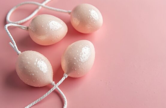 Ben Wa balls for pelvic floor exercise and kegel training rest on pastel pink surface. Internal vaginal weights with strings are used for muscle strength and fitness. Body wellness item.