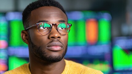 Man analyzing digital investment dashboard hologram with neon highlights in minimal office