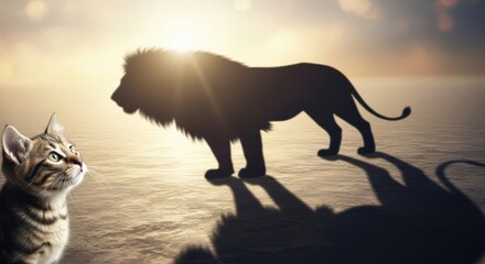 Kitten Gazes at Lion's Shadow, Symbolizing Inner Strength, Cat, Silhouette, Sun