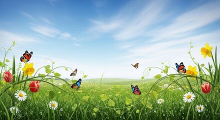 Butterflies Fluttering Among Spring Flowers in a Lush Meadow Under a Blue Sky, Butterfly, Nature, Beauty