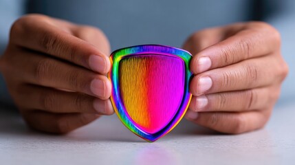 Hands holding floating holographic fraud-protection shield on minimal white background