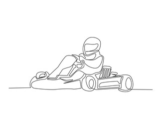 Continuous one line drawing of Karting driver on race . Go-Kart Racers Drive single line art illustration. Editable vector.