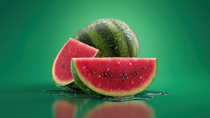 Watermelon Slices with Water Drops on Green Background for Summer-themed Designs and Food Presentations