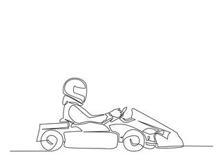 Continuous one line drawing of Karting driver on race . Go-Kart Racers Drive single line art illustration. Editable vector.
