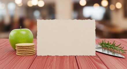 Blank Paper Card with Apple, Crackers and Rosemary, Blank card, Green apple, Cookies