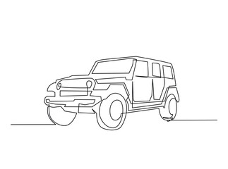 Continuous one line drawing of Adventure 4x4 offroad car. Offroad car single line art illustration. Editable vector.