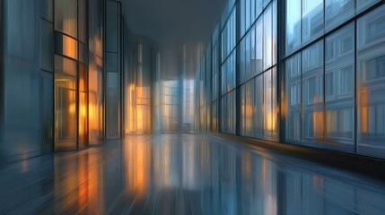 Blurred motion of people walking in modern city on a rainy day, reflected light creates urban scene with skyscrapers