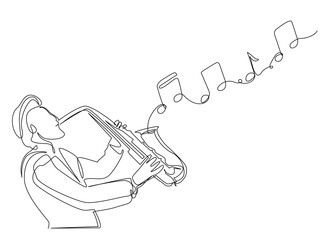 Continuous line art drawing of Man Playing Saxophone with note music coming out from the instrument. Editable stroke.