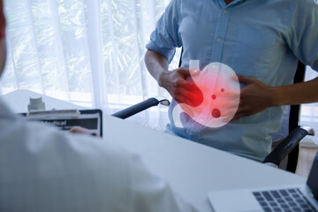 Gerd. young man patient suffering stomach ache meet doctor in hospital, gastroesophageal reflux disease, food poisoning, people painful stomachache, gynecology, medical and health care concept