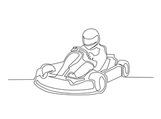 Continuous one line drawing of Karting driver on race . Go-Kart Racers Drive single line art illustration. Editable vector.