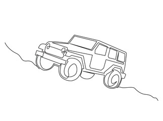 Continuous one line drawing of Adventure 4x4 offroad car. Offroad car single line art illustration. Editable vector.