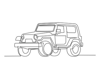 Continuous one line drawing of Adventure 4x4 offroad car. Offroad car single line art illustration. Editable vector.