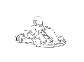 Continuous one line drawing of Karting driver on race . Go-Kart Racers Drive single line art illustration. Editable vector.