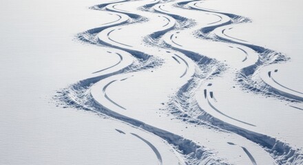 Winding Ski Tracks on a Snowy Slope, Winter, Mountain, Downhill