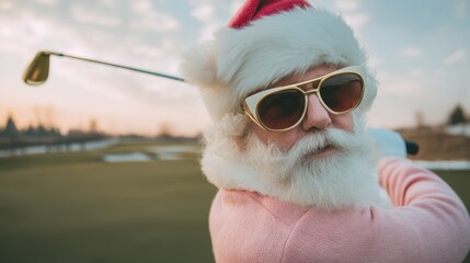 An elderly Caucasian man with a white beard and sunglasses wears a Santa hat while playing golf on a sunny day. He is dressed in a pink sweater.