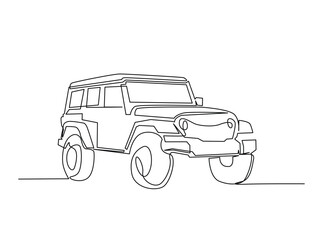 Continuous one line drawing of Adventure 4x4 offroad car. Offroad car single line art illustration. Editable vector.