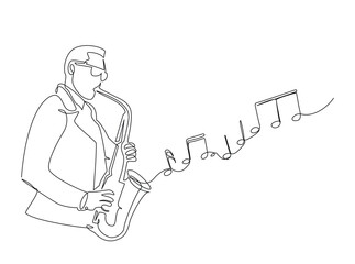 Continuous line art drawing of Man Playing Saxophone with note music coming out from the instrument. Editable stroke.