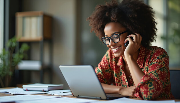 Smiling Black woman talks on phone, works on laptop, checks inventory data. Small business owner manages shop. She uses tech for online orders and stock keeping.