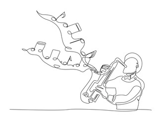 Continuous line art drawing of Man Playing Saxophone with note music coming out from the instrument. Editable stroke.