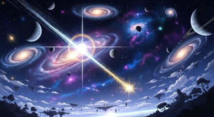 Cosmic Fantasy Floating Islands Under a Galaxy Sky, Space, Nebula, Stars