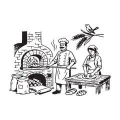 Traditional Bakery Scene with Chef and Woman Baking Bread.