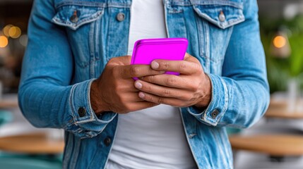 Man using smartphone for contactless payment with magenta and teal reflections in modern retail