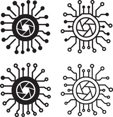Isolated Camera Lens Circuit Icons black vector set, camera lens, photography, digital camera, minimal circuit, thin stroke, tech lens, smart chip, vector isolated for stock buyers
