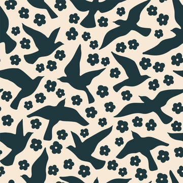 Abstract flying birds on simple little flowers background. Silhouettes of pigeons, doves daisy florals seamless pattern. Vector illustration for minimal textile fabric print design