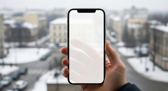 Person holding a smartphone with a blank screen in front of a winter city view, Mobile phone, Technology, Hand